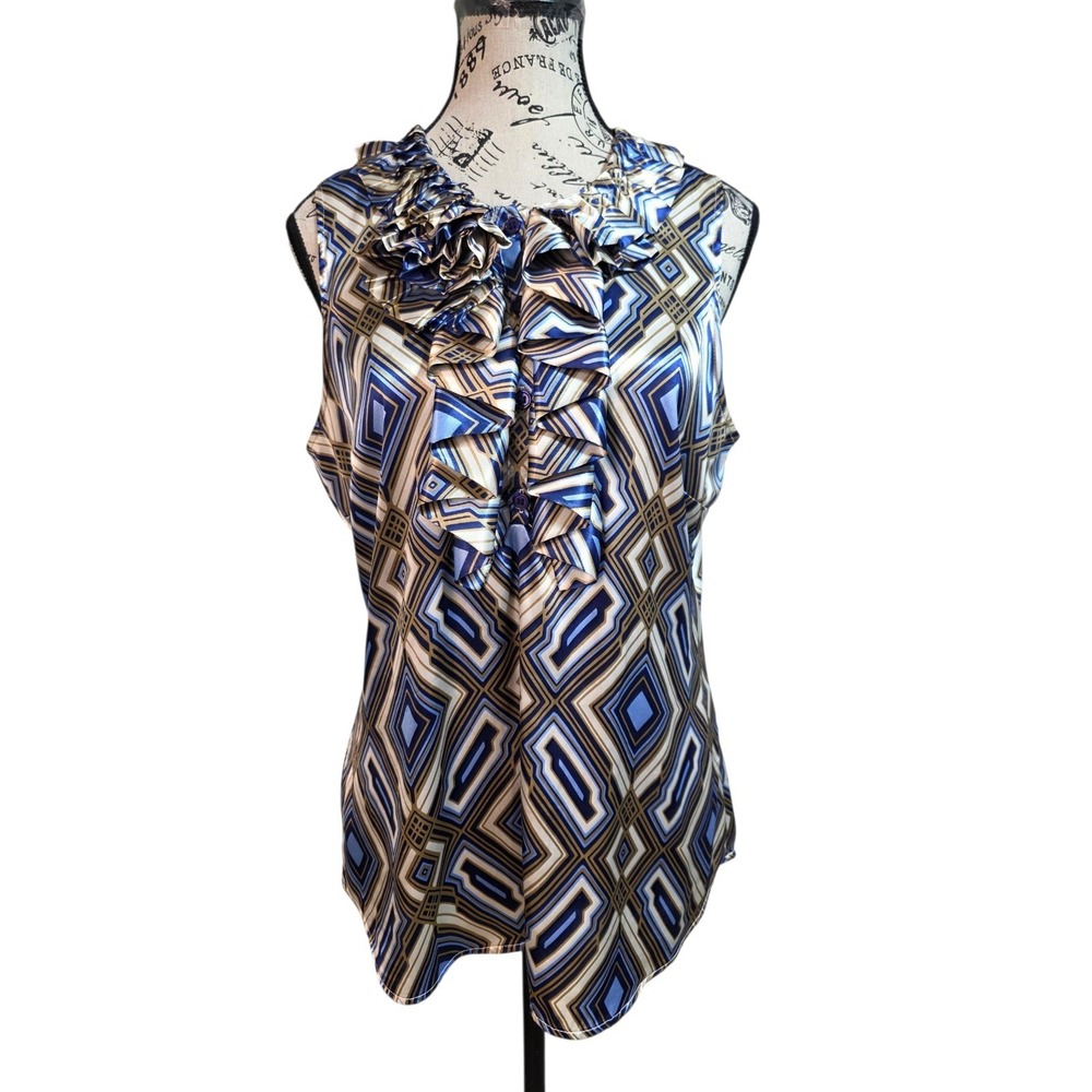 New York & Company Ruffle Front Geometric Blouse - Size M Blue & Tan Silk‎ Feel